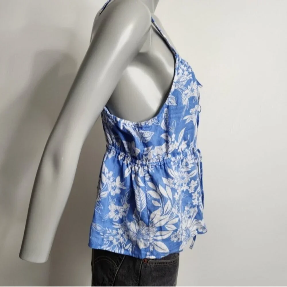 C&C California Flower Print Blue Linen Peplum Waist Tank Top Size XL NWOT - Picture 8 of 12